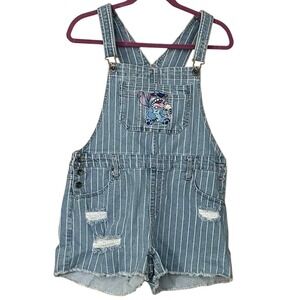 Disney Stitch Womens Small Cutoff Denim Overalls Blue Stripe Distressed Pockets